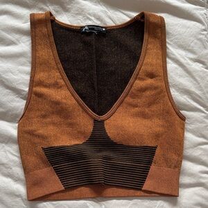 Zara burnt orange and Black Knit V-Neck Crop Top